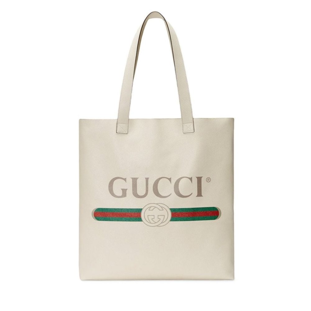 Gucci Logo Print Leather Tote Bag in White